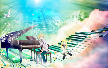 Fantasy Heaven, birds, color, len, rin, vocaloid, music note, fantasy, heaven, castle, water fall, cloud HD wallpaper