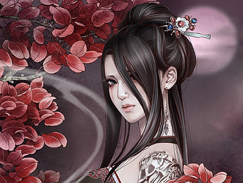 Oriental Moon, night, black, asian, black hair, oriental, night time, tree, woman, lady, moon, flower, red, female HD wallpaper