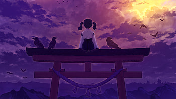 Anime Girl With Ravens, anime-girl, sky, purple, crow, birds, artist, artwork, art, digital-art, ai, pixiv HD wallpaper