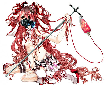 Karune Ca, mask, awesome, cute, ribbons, red eyes, red hair, vocaloid, long hair, shirt, beauty, nice, music, cg, game, blood, female, ful, sexy, skirt, sweet, navel, singer, nurse, dark, anime girl, anime, pretty, lights, cool, cleavage, boots HD wallpaper