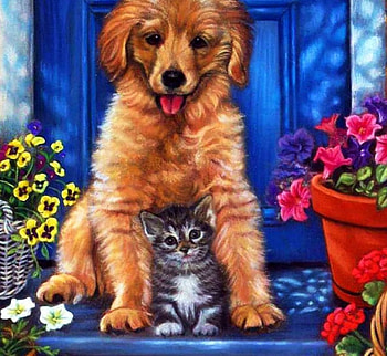 Buddies, dog, artwork, door, painting, cat, flowers HD wallpaper