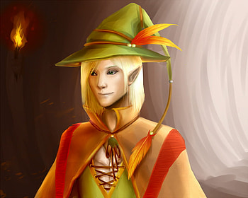 The elf, games, tunnel, maze, flame, elf, dark, fantasy, cape, green, red, hat HD wallpaper