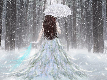 Snow Maiden, blue, white, magic, parasol, dress, woman, fantasy, snow, maiden, forest, graceful, pure HD wallpaper