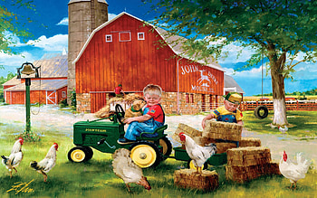 John Deere, straw, hens, children, barn, painting, tractor, small, tree HD wallpaper