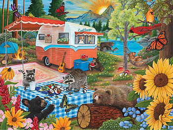 Cool Camper, table, bears, caravan, art, lake, butterflies, digital, raccoons, trees, flowers HD wallpaper