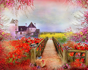 Spring of Poppies, birds, basket, poppies, blossoms, animals, duck, beautiful, grass, orange, creative pre-made, love four seasons, landscapes, pretty, fields, bridge, clouds, nature, flowers, lovely, blooms HD wallpaper