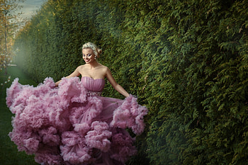 Dancing in Flower Garden, clouds, trees, lovely dress, women, sky, beauty HD wallpaper
