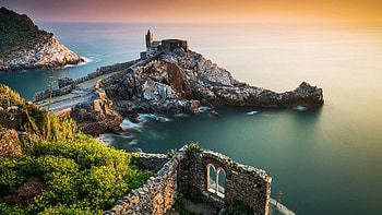 Church of St. Peter, Portovenere, Cinque Terre, Italy, sea, color, chapel, ruins, mediterranean, sky, rocks, water HD wallpaper