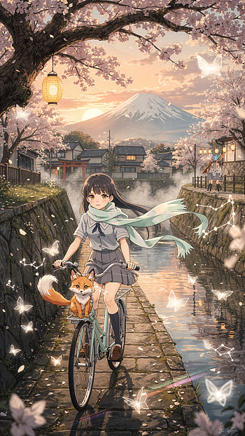 Sakura Ride — Spring Anime , girl, bicycle, cherry blossom HD phone wallpaper