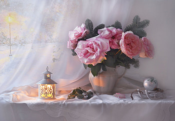 Still life, Roses, Vase, Candlestick HD wallpaper