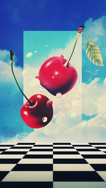 Vaporwave cherries, aesthetic, cloud, checkerboard, cherry, pattern HD phone wallpaper