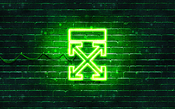 Off-white green logo, , green brickwall, Off-white logo, brands, Off-white neon logo, Off-white HD wallpaper