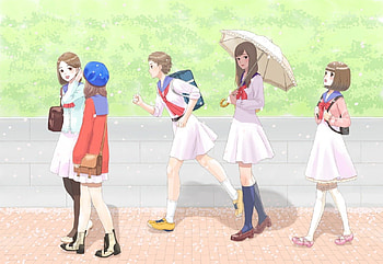 Walking Along, umbrella, shadow, shade, cute, school uniform, long hair, walk, nice, team, chat, petals, group, short hair, happy, windy, female, sweet, smile, talk, girl, run, kawaii, wind, anime girl, talking, anime, breeze, pretty, brown hair, lovely, enjoy HD wallpaper