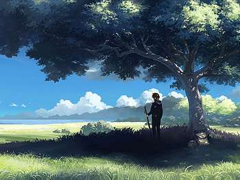 Anime nature, doll, anime, fantasy, nature, grass, girl, tree HD wallpaper