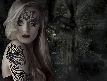 The Huntress, lady, fantasy, tatoo, woman, dark HD wallpaper