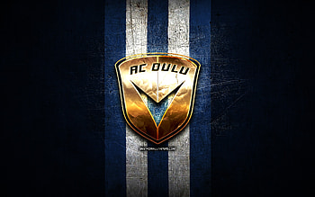 AC Oulu, golden logo, Veikkausliiga, blue metal background, football, finnish football club, AC Oulu logo, soccer, ACO HD wallpaper