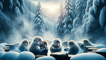 Snow Monkeys Relaxing in Winter Wonderland -, snow monkey, hot spring, winter, nature HD wallpaper