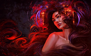 Festal lights, art, inna vjuzhanina, girl, purple, fantasy, portrait, flower, red, luminos HD wallpaper