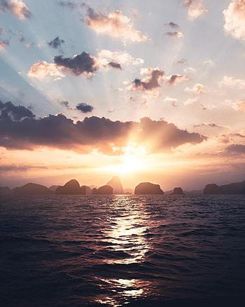 Nature, Sunset, Sea, Sun, Rocks, Beams, Rays HD phone wallpaper