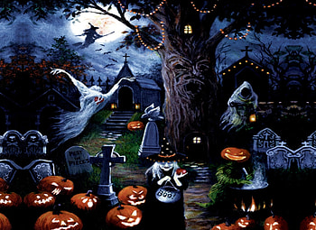 A Haunting We Go, House, Moon, Trees, Ghost, Clouds, Sky HD wallpaper
