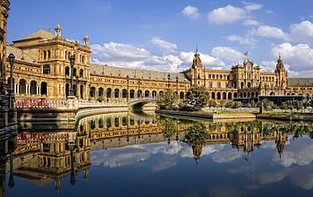 castle in seville spain r, reflection, clouds, r, castle, lake HD wallpaper