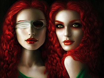 Maharet and Mekare, omrikoresh, frumusete, maharet, art, twins, girl, mekare, fantasy, couple, redhead, luminos HD wallpaper