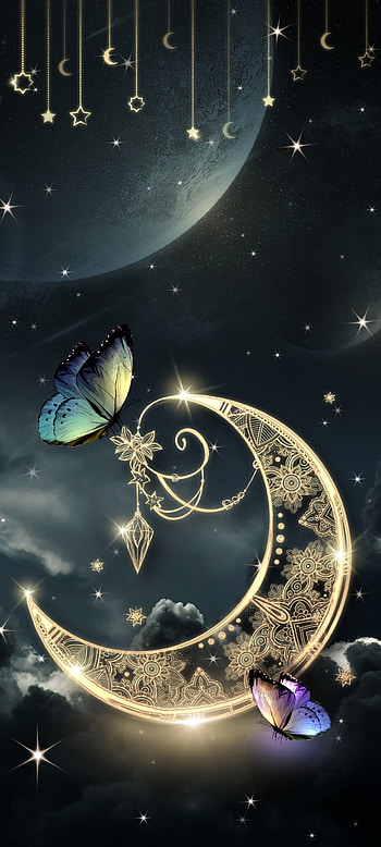 Golden retro Fantasy, atmosphere, moths and butterflies, Butterfly, Moon, Star, Premium HD phone wallpaper