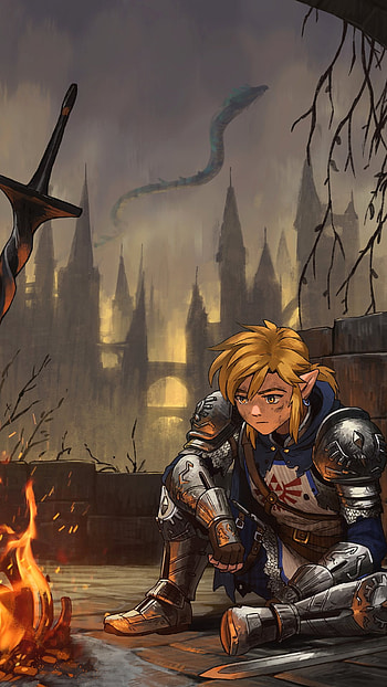 Link in hyrule castle, sky, sad, zelda, fire, evening HD phone wallpaper