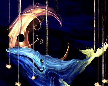 Hanging a giant moon, blue, whale, black, art, aquasixio, orange, fantasy, yellow, luna, fish, luminos HD wallpaper