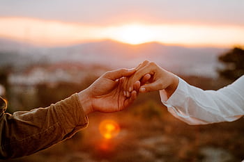 A couple shares a tender moment, holding hands during a beautiful sunset in the countryside. HD wallpaper