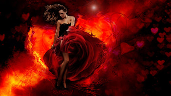 Red Fantasy Girl, digital, dress, art, woman HD wallpaper