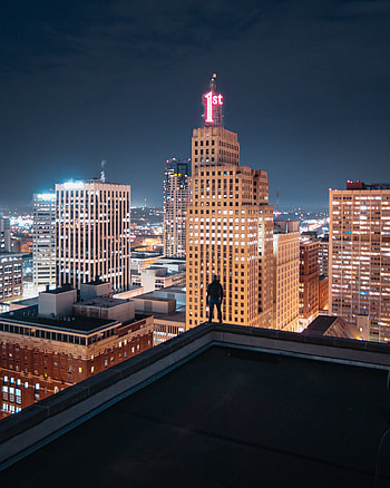 Cities, Building, Lights, Silhouette, Night City, Overview, Review, Roof HD phone wallpaper