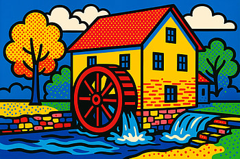 Vibrant Watermill in Pop Art Style, watermill, mill, house, river, tree HD wallpaper