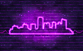 Phoenix violet neon silhouette, , violet neon lights, Phoenix skyline silhouette, violet brickwall, american cities, neon skyline silhouettes, USA, Phoenix silhouette, Phoenix HD wallpaper