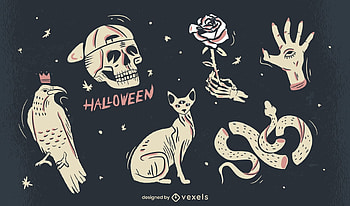 Pattern, vexels, texture, cat, snake, white, black, bones, skull, halloween, rose, pisici HD wallpaper