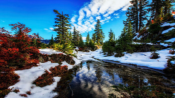 Snow Lake, Snoqualmie Pass, Washington, landscape, clouds, trees, sky, water, mountains, reflections, usa HD wallpaper