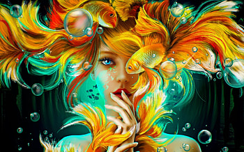 Girl and Fish, fish, redhead, girl, bubbles, underwater HD wallpaper