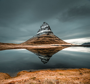 Kirkjufell, mountain, peak, lake, reflections, Iceland HD wallpaper