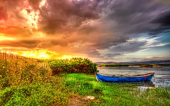 Sunset, boat, clouds, grass, lake HD wallpaper