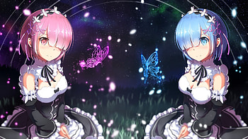 Ram & Rem, night, blue, headband, black, uniform, beauty, butterflies, lady, short hair, female, sweet, white, l, soft, blue hair, girl, beautiful, pink hair, woman, anime girl, maid, pink, anime, pretty, flowers, lovely HD wallpaper