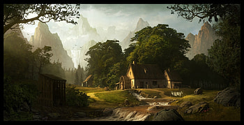 Cabin in the mountains, landscape, woods, cabin, Art HD wallpaper