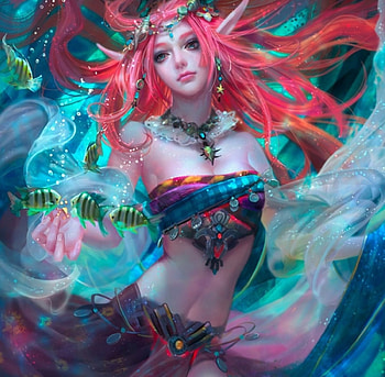 Lady of the Oceans, blue, necklace, top, red hair, lady, abstract, ocena, water, fantasy woman, female, sweet, art, girl, beautiful, purple, pink, fantasy, pretty, lovely HD wallpaper