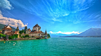 Lake Thun, Switzerland, boat, beautiful, lake, blue sky, green, clouds, castle, mountains, water HD wallpaper