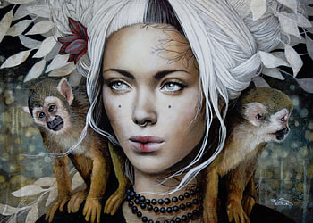 Aela, pictura, sophie wilkins, portrait, face, girl, white, monkey, art, fantasy, painting, maimuta HD wallpaper