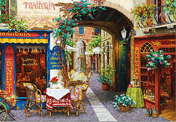 Street Restaurant, chairs, table, painting, gate, houses HD wallpaper