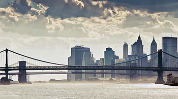 mist under brooklyn and manhattan bridges, mist, river, city, clouds, bridges HD wallpaper