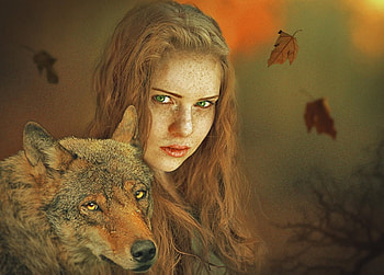 Redhead and wolf, lup, wolf, fantasy, girl, redhead, annewipf HD wallpaper