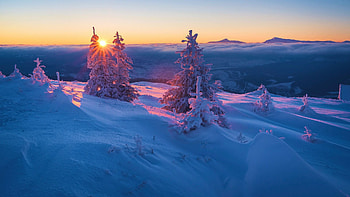 Winter Sunset, sky, snow, hills, landscape, trees, colors HD wallpaper