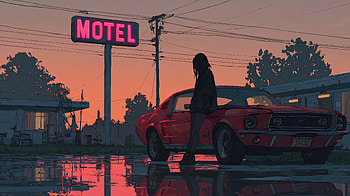 Deserted For Now, vintage, car, anime-girl, sunset, artwork, artist, digital-art, deviantart HD wallpaper