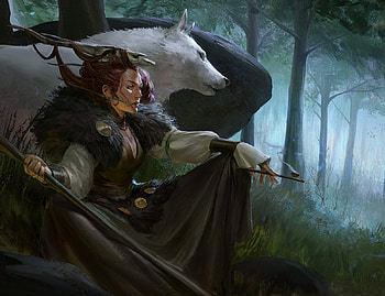 Witch and white wolf, white, fantasy, girl, luminos, wolf, lup, forest, witch HD wallpaper